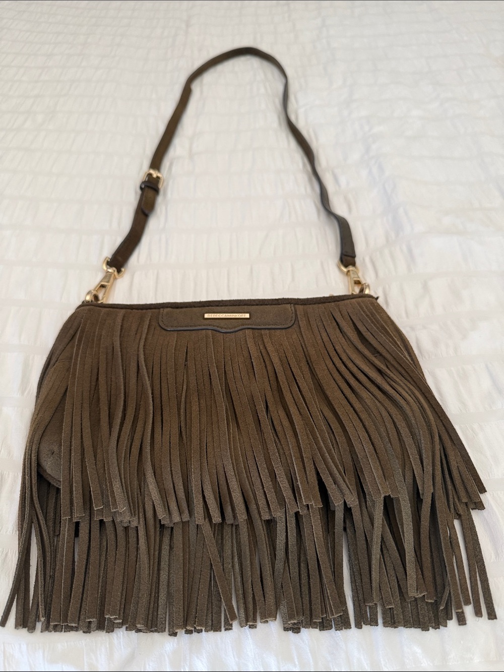 Rebecca Minkoff Brown Suede Fringe Shoulder Bag with Gold Hardware
